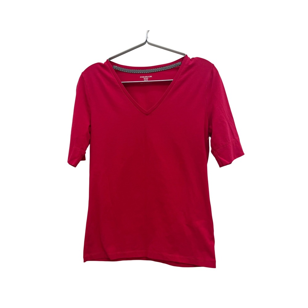 Jones New York Sport V-Neck Top Womens Petite P Red Good Short Sleeve Tee